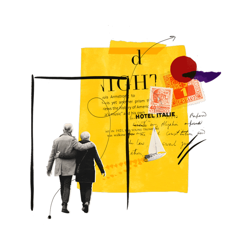 Abstract collage of elderly couple walking through a gate"